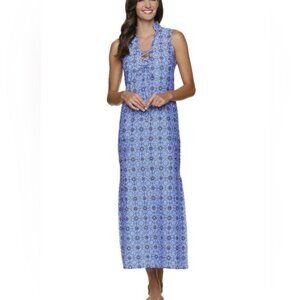 Helen Joh Women Maxi Dress Sleeveless Lace-Up Blue Print Resort Beach Size M NEW